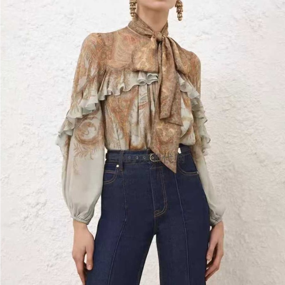 Zimmerman Tie-Neck Ruffle Paisley Blouse - Taupe Green